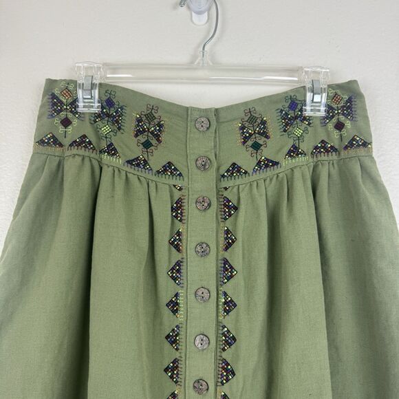 Anthropologie Maeve Embroidered Linen Cotton Button Front Smocked Skirt Green 6 - Picture 2 of 16